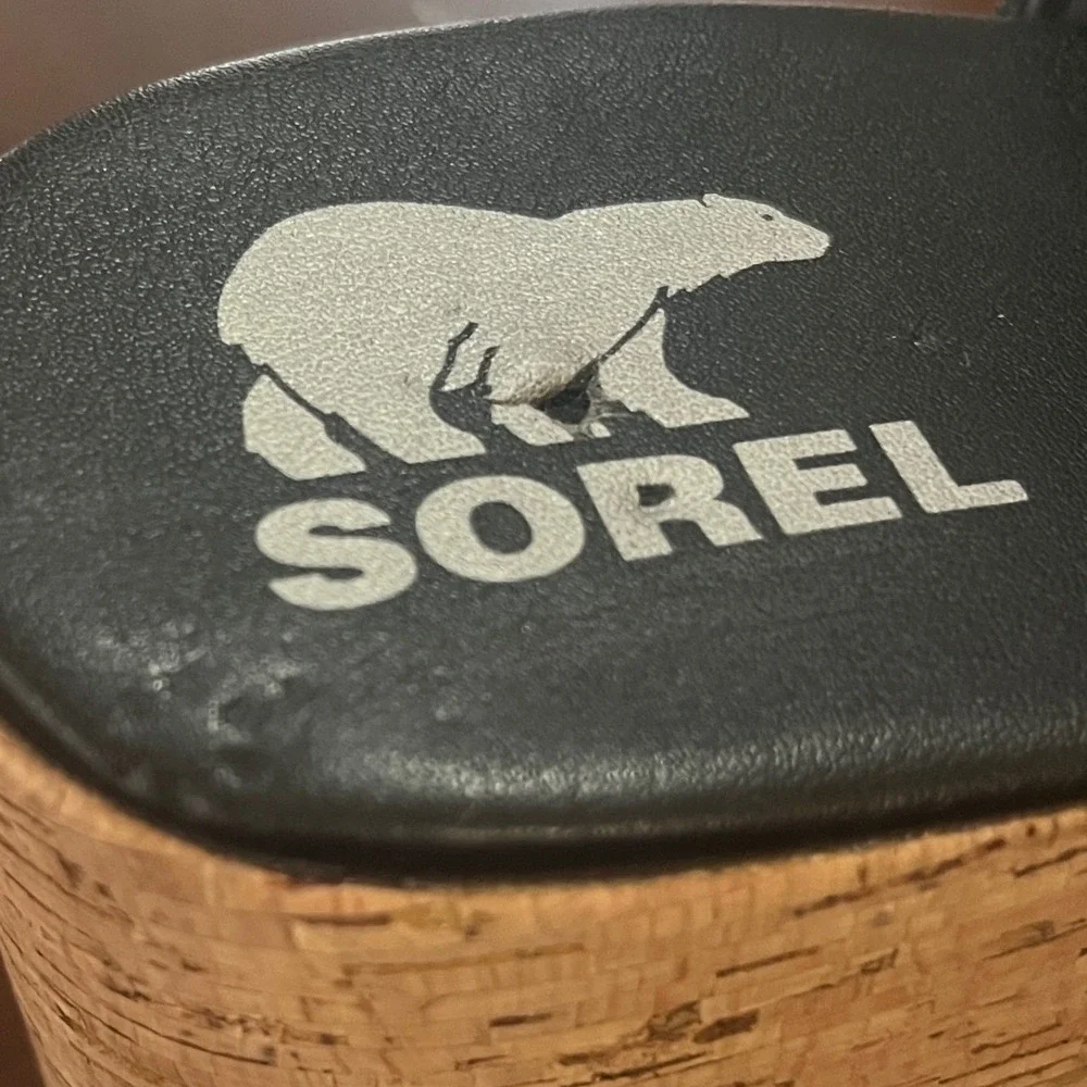 Sorel Cameron Flatform Wedge Mules Black Leather Cork Sandals NL4643-011 Size 12